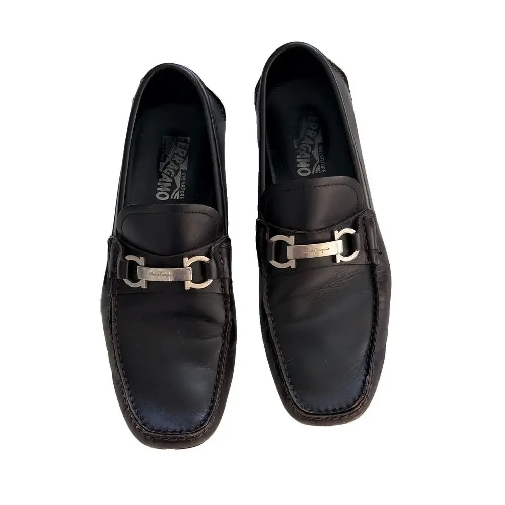 SALVATORE FERRAGAMO Driver Gancini Ornament Brown Loafers Shoes US 9.5 EU $750